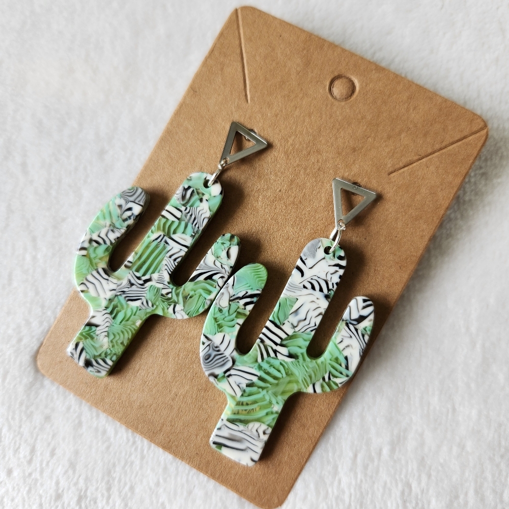 Cactus Shaped Earrings with Green, Black, & White